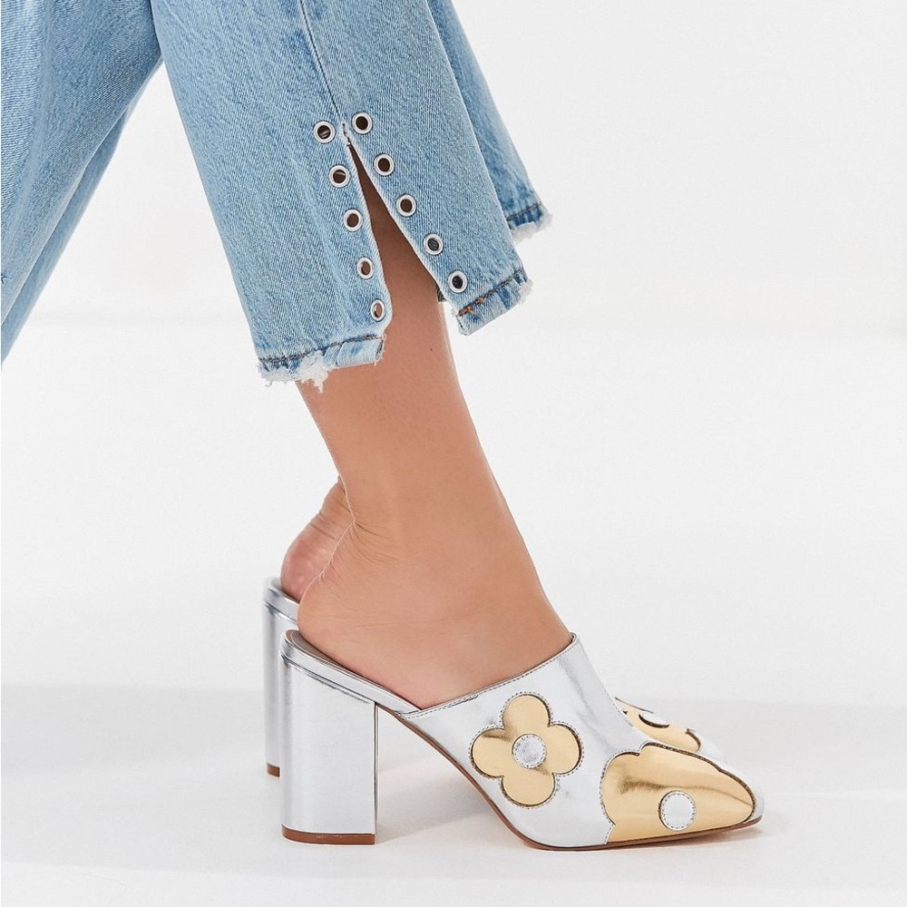 Silver Gold Urban Outfitters clog heels flower print leather Y2K Metallic Mod